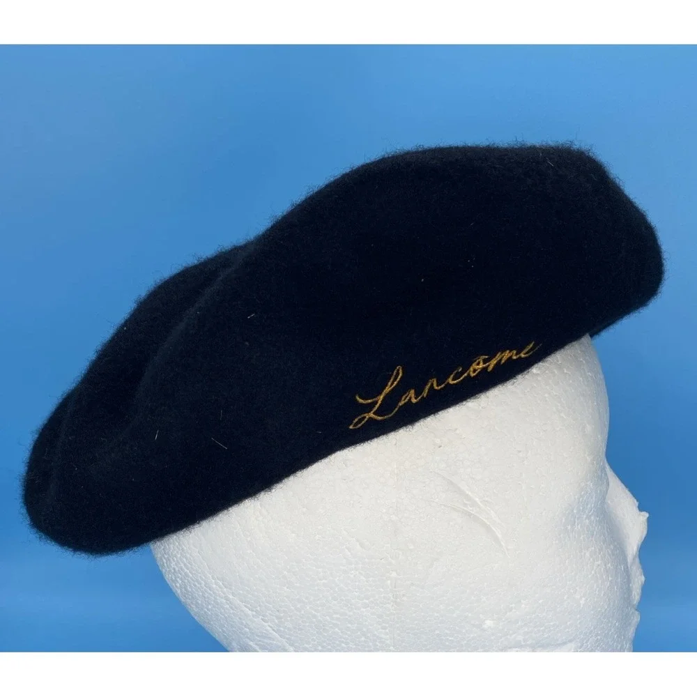 Lancome Paris Women's Black Wool Beret Hat Gold Script Embroidered One Size
